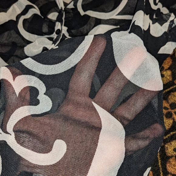 Women's Vintage New York & Co Sheer Blouse black & white button up s/s - Picture 4 of 4